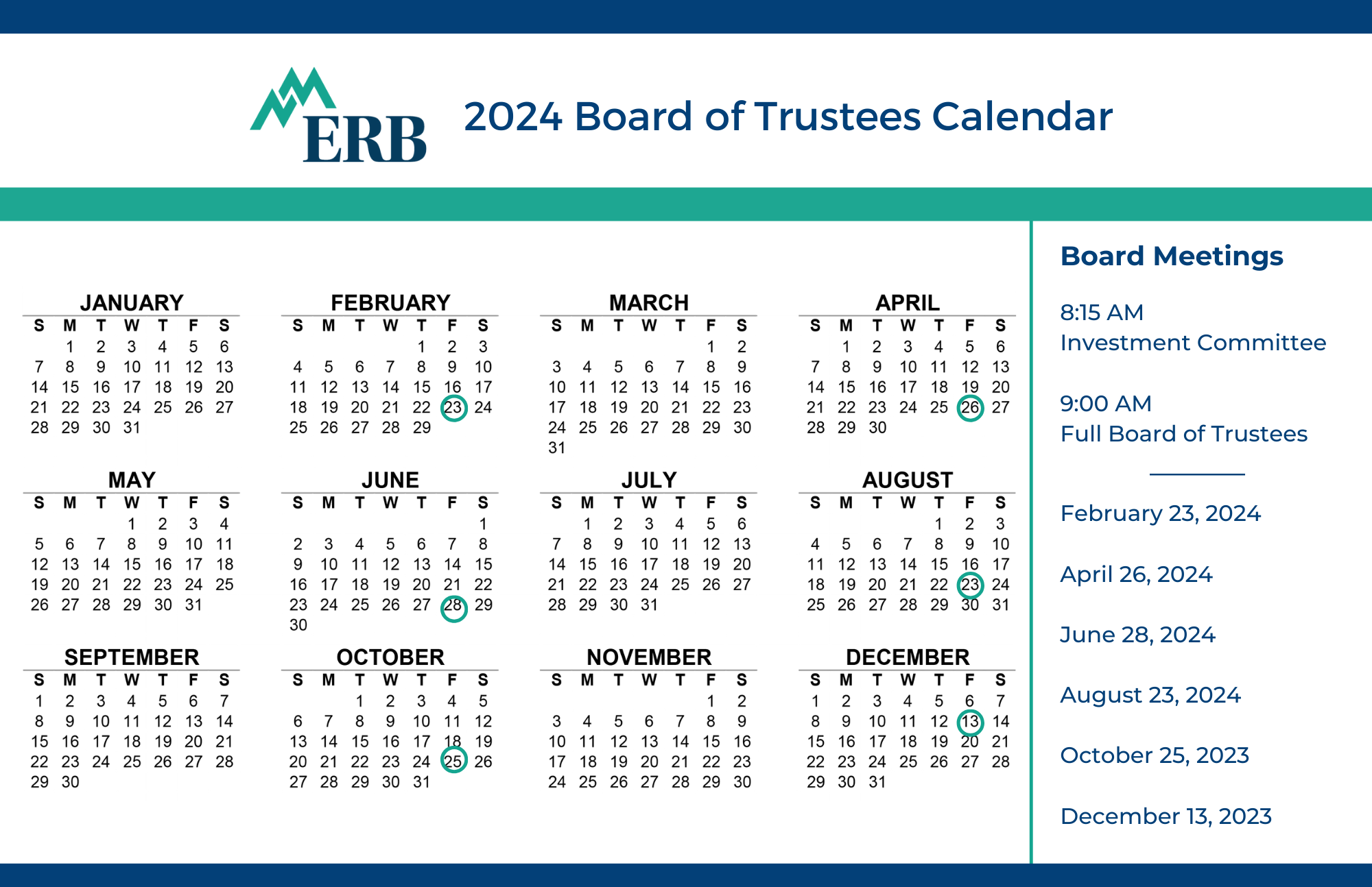 ERB BOT Board Meeting Calendar 2024 Investment Committee - 8:15am with Full Board of Trustees at 9:00 am; Meeting dates: February 23; April 26; June 28; August 23; October 25; and December 13; Location to be determined.