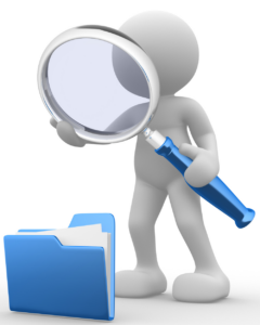 White figure looking at blue folder with magnifying glass.