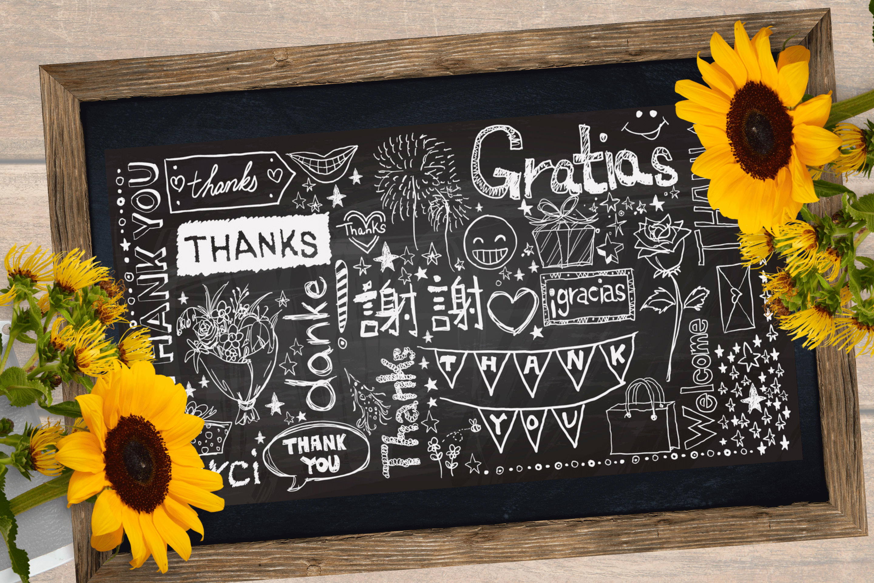 Thank-you-on-chalk-board-with-sunflowers_w Wood table with framed chalkboards with Thank you" in many languages. Sunflowers in upper right and lower left of image.