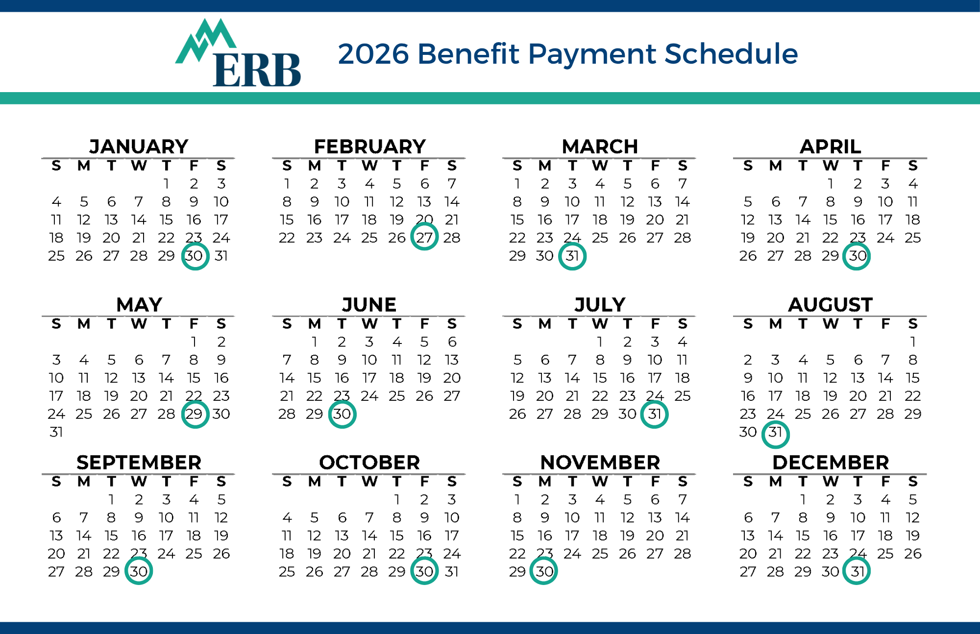 2026 Benefit Payment Schedule 2026 Benefit Payment Schedule Friday, January 30th; Friday, February 27th; Tuesday, March 31st; Thursday, April 30th; Friday, May 29th; Tuesday, June 30th; Friday, July 31st; Monday, August 31st; Wednesday, September 30th; Friday, October 30th; Monday, November 30th; Thursday, December 31st.